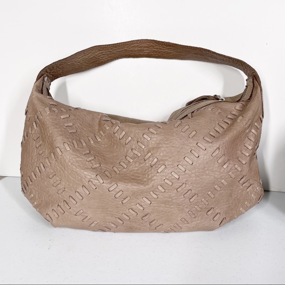 LIEBESKIND Large Leather Hobo Bag Whipstitch Detail Taupe Slouchy